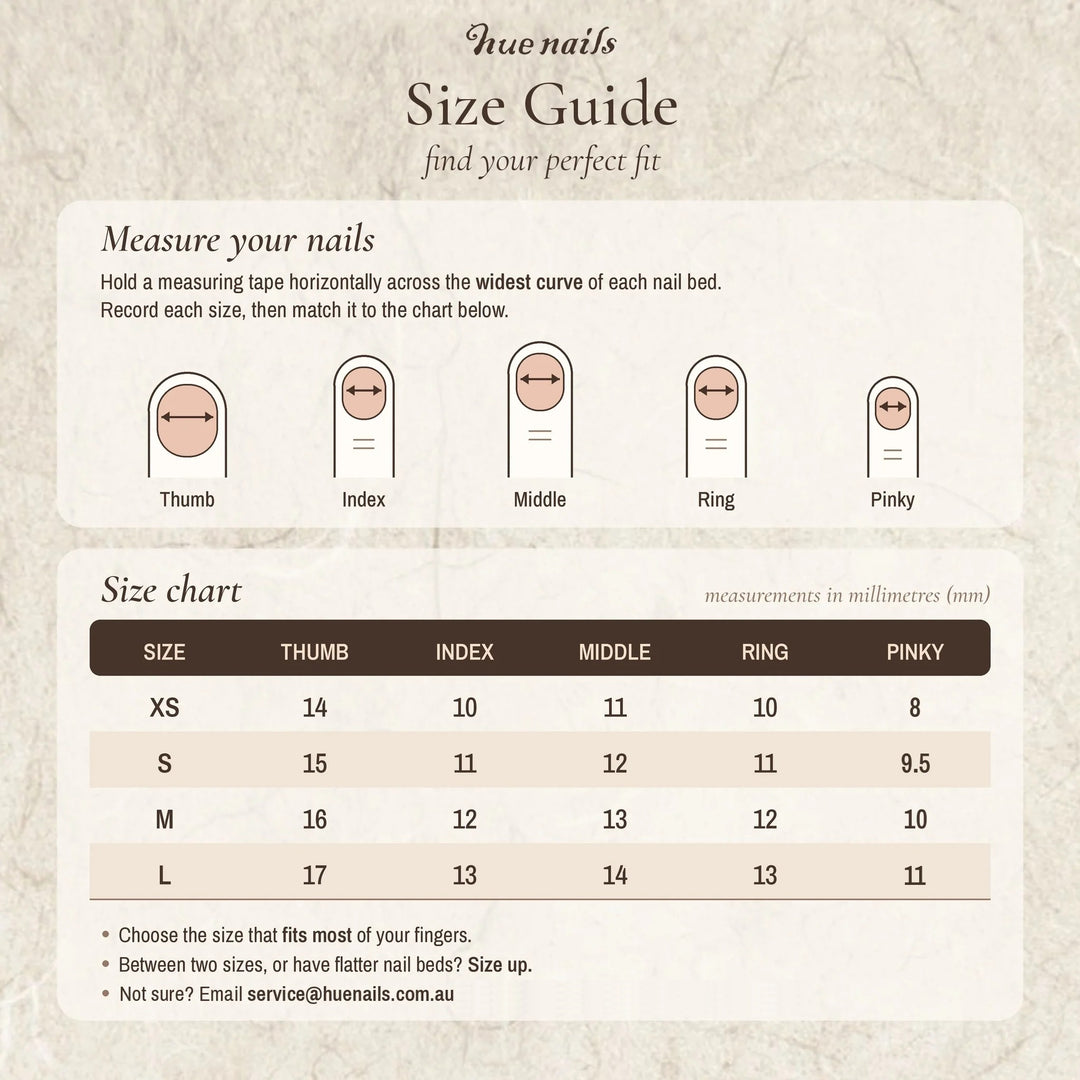 Hue Nails size guide: measure your nails and choose XS, S, M or L