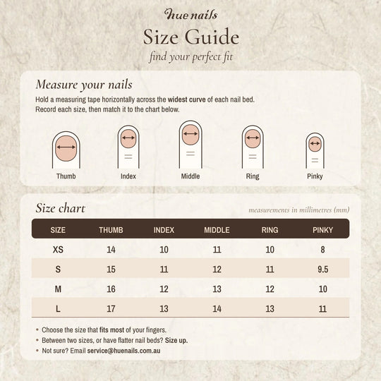 Hue Nails size guide: measure your nails and choose XS, S, M or L