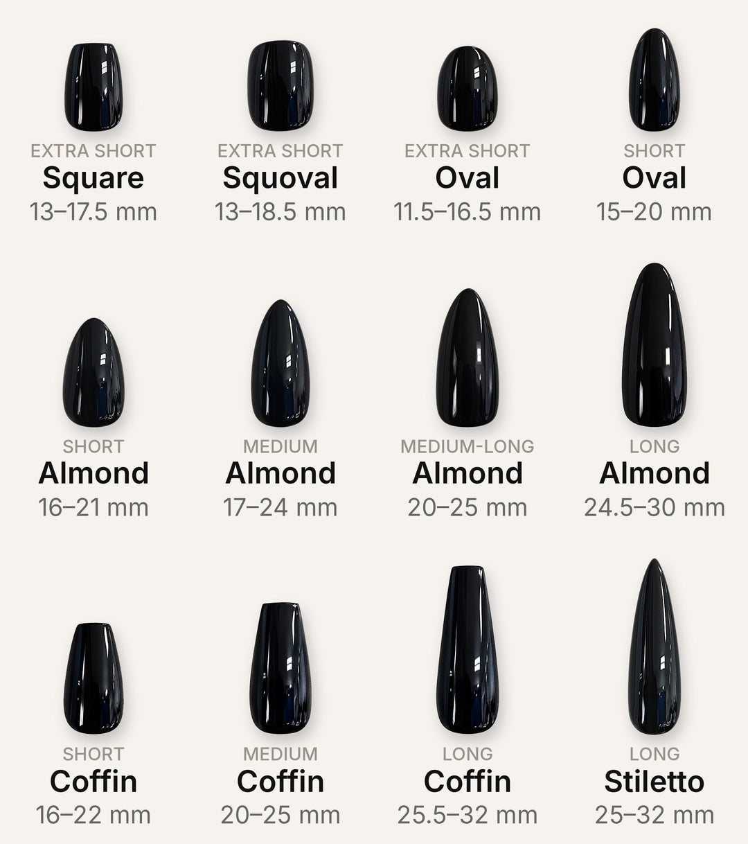Hue Nails shapes and lengths: square, squoval, oval, almond, coffin and stiletto