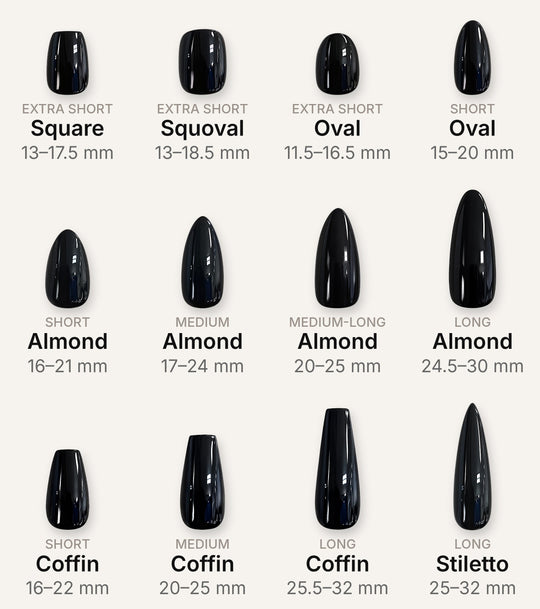 Hue Nails shapes and lengths: square, squoval, oval, almond, coffin and stiletto